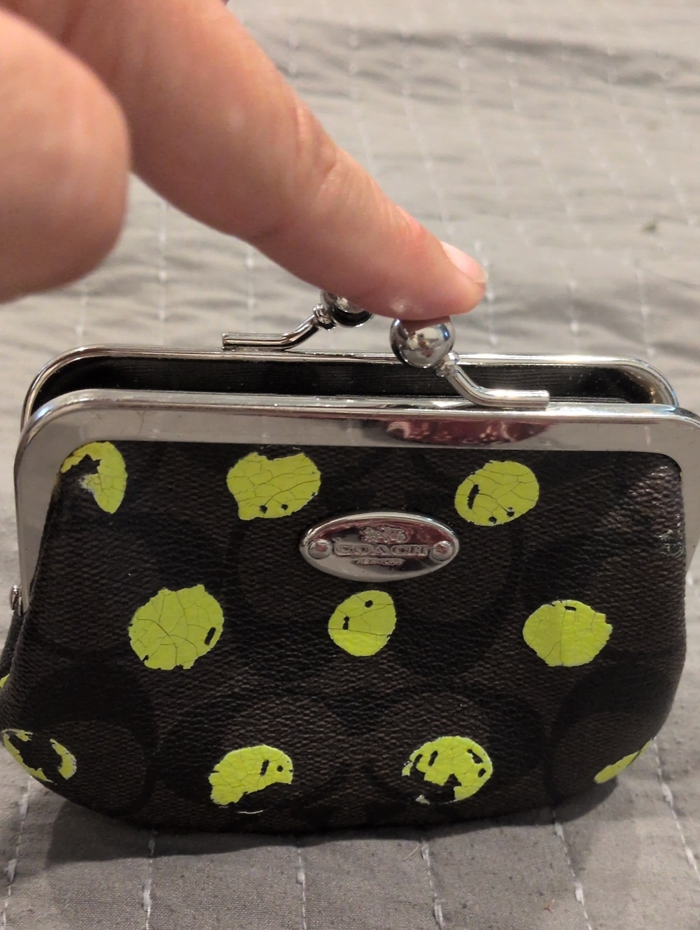 Coach Polkadot Kosock Coin Purse with Neon Yellow Jacquard
